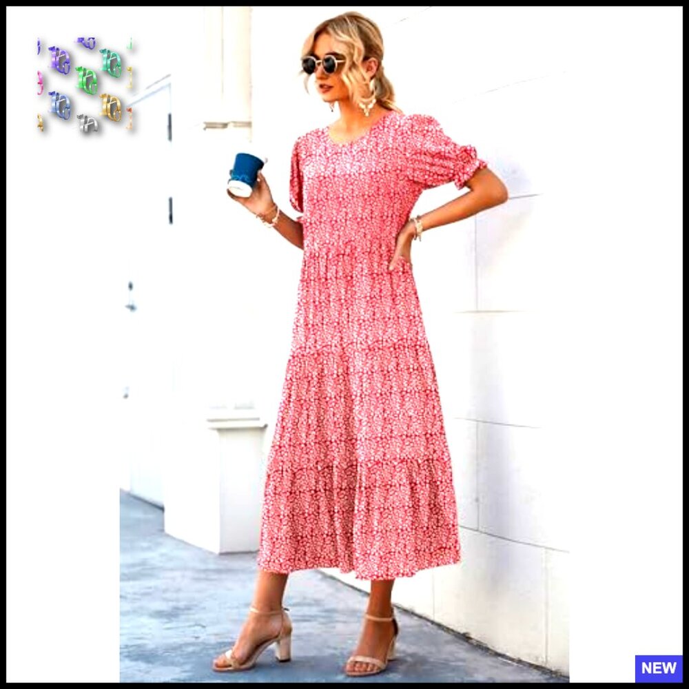 Floral Boho Midi Dress Casual Summer Puff Sleeve Flowy Beach Vacation Sundress - Picture 3 of 6